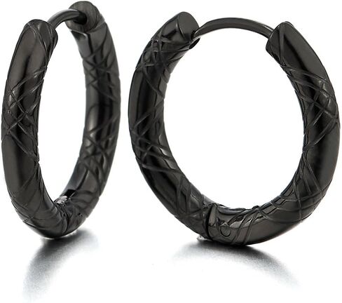 Stainless Steel Black Grooved Circle Huggie Hinged Hoop Earrings for Men Women, 2pcs in Saudi Arabia