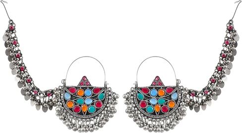 الهندي التقليدية الفضة المؤكسدة الخرز أزياء عرقية بوليوود مانغ تيكا باهوبالي أقراط سلسلة حمراء in Kuwait