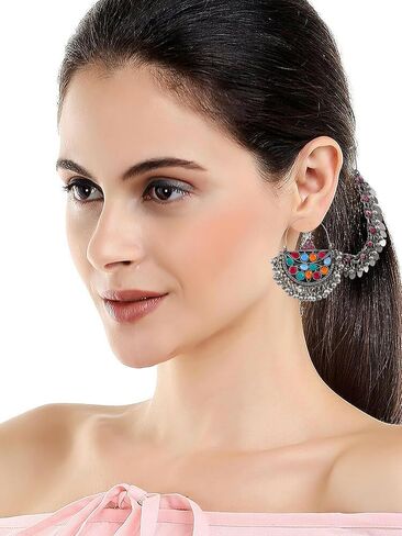 الهندي التقليدية الفضة المؤكسدة الخرز أزياء عرقية بوليوود مانغ تيكا باهوبالي أقراط سلسلة حمراء in Kuwait