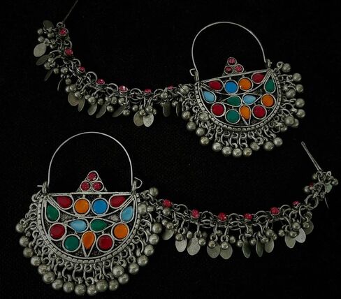 الهندي التقليدية الفضة المؤكسدة الخرز أزياء عرقية بوليوود مانغ تيكا باهوبالي أقراط سلسلة حمراء in Kuwait