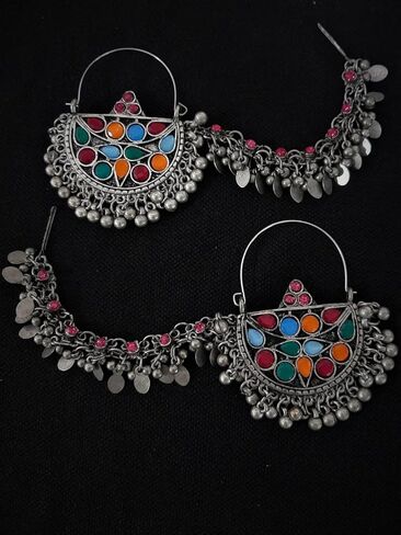 الهندي التقليدية الفضة المؤكسدة الخرز أزياء عرقية بوليوود مانغ تيكا باهوبالي أقراط سلسلة حمراء in Kuwait