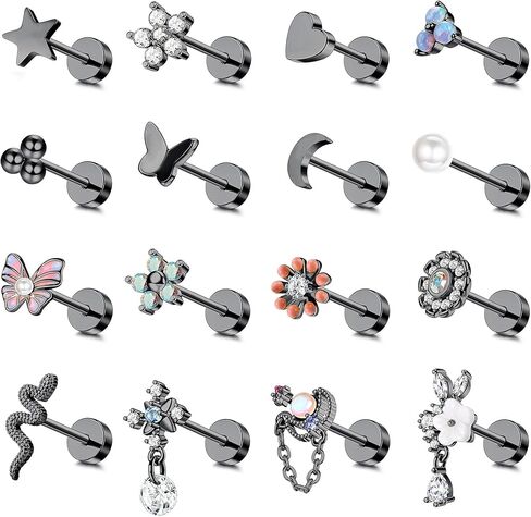 LOYALLOOK 16 قطعة 18 جرام أقراط الغضروف للنساء والرجال 316L الفولاذ المقاوم للصدأ أقراط هيبولرجينيك ثعبان القمر زهرة تشيكوسلوفاكيا المسمار أقراط مسطحة تتدلى محارة اللولب الزنمة ثقب المجوهرات in Kuwait