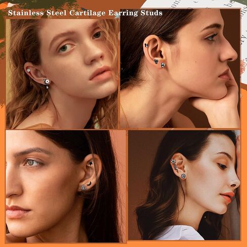 LOYALLOOK 16 قطعة 18 جرام أقراط الغضروف للنساء والرجال 316L الفولاذ المقاوم للصدأ أقراط هيبولرجينيك ثعبان القمر زهرة تشيكوسلوفاكيا المسمار أقراط مسطحة تتدلى محارة اللولب الزنمة ثقب المجوهرات in Kuwait