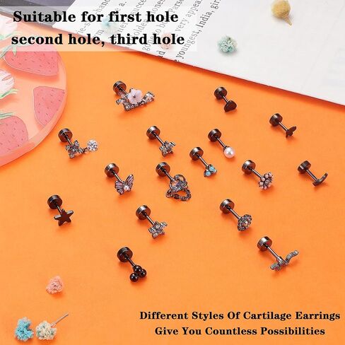 LOYALLOOK 16 قطعة 18 جرام أقراط الغضروف للنساء والرجال 316L الفولاذ المقاوم للصدأ أقراط هيبولرجينيك ثعبان القمر زهرة تشيكوسلوفاكيا المسمار أقراط مسطحة تتدلى محارة اللولب الزنمة ثقب المجوهرات in Kuwait