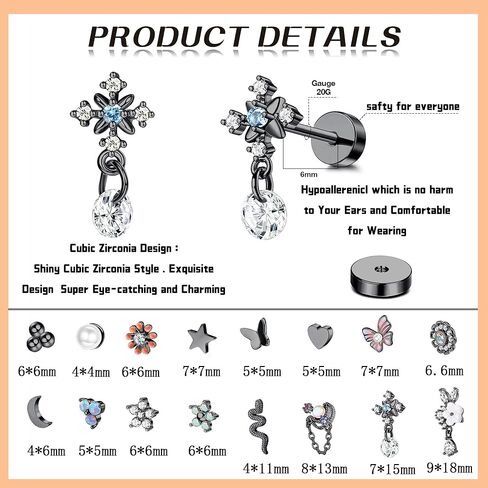 LOYALLOOK 16 قطعة 18 جرام أقراط الغضروف للنساء والرجال 316L الفولاذ المقاوم للصدأ أقراط هيبولرجينيك ثعبان القمر زهرة تشيكوسلوفاكيا المسمار أقراط مسطحة تتدلى محارة اللولب الزنمة ثقب المجوهرات in Kuwait