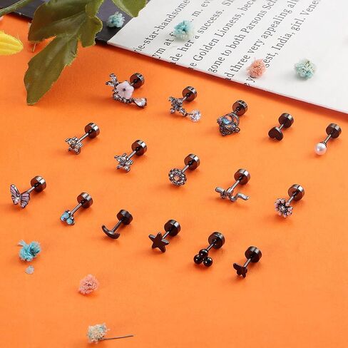 LOYALLOOK 16 قطعة 18 جرام أقراط الغضروف للنساء والرجال 316L الفولاذ المقاوم للصدأ أقراط هيبولرجينيك ثعبان القمر زهرة تشيكوسلوفاكيا المسمار أقراط مسطحة تتدلى محارة اللولب الزنمة ثقب المجوهرات in Kuwait