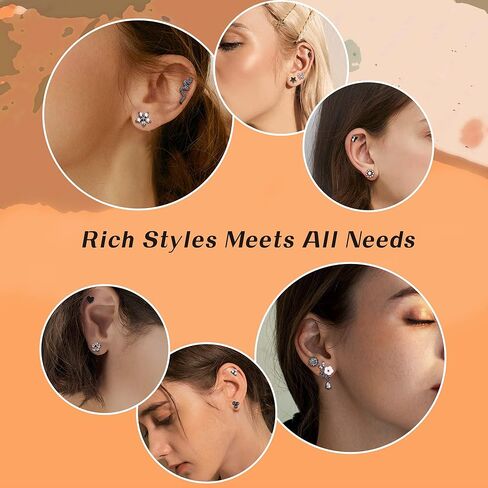 LOYALLOOK 16 قطعة 18 جرام أقراط الغضروف للنساء والرجال 316L الفولاذ المقاوم للصدأ أقراط هيبولرجينيك ثعبان القمر زهرة تشيكوسلوفاكيا المسمار أقراط مسطحة تتدلى محارة اللولب الزنمة ثقب المجوهرات in Saudi Arabia