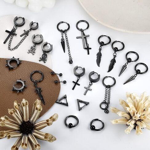 IRONBOX 21 Pcs Earrings for Men Stainless Steel Black Long Chain Dangle Hoop Earrings for Men Women Jewelry Piercing Men Earrings Set in Saudi Arabia