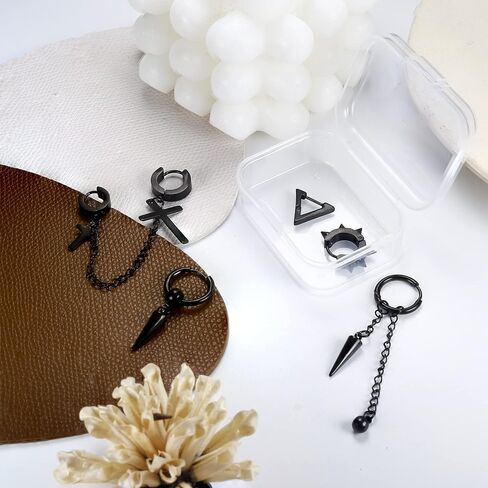 IRONBOX 21 Pcs Earrings for Men Stainless Steel Black Long Chain Dangle Hoop Earrings for Men Women Jewelry Piercing Men Earrings Set in Saudi Arabia