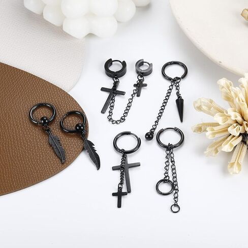 IRONBOX 21 Pcs Earrings for Men Stainless Steel Black Long Chain Dangle Hoop Earrings for Men Women Jewelry Piercing Men Earrings Set in Saudi Arabia