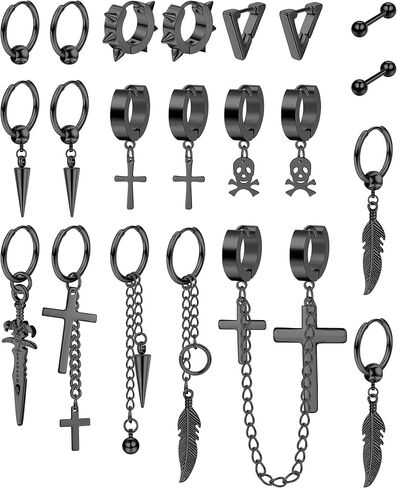 IRONBOX 21 قطعة أقراط للرجال الفولاذ المقاوم للصدأ الأسود سلسلة طويلة استرخى هوب أقراط للرجال النساء مجوهرات ثقب الرجال طقم من الحلقان in Kuwait