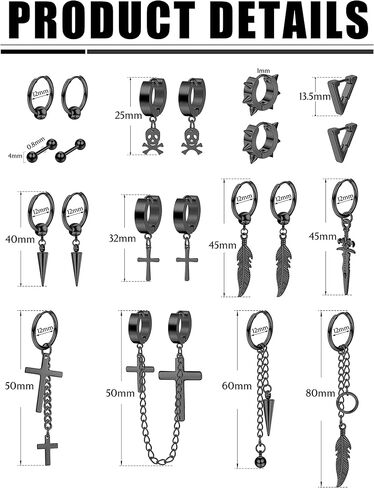 IRONBOX 21 قطعة أقراط للرجال الفولاذ المقاوم للصدأ الأسود سلسلة طويلة استرخى هوب أقراط للرجال النساء مجوهرات ثقب الرجال طقم من الحلقان in Kuwait