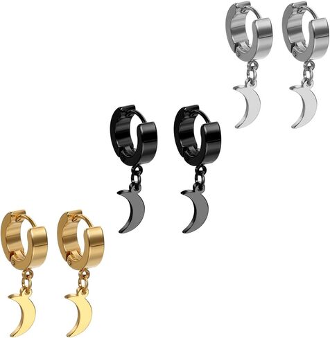 Flongo Men's Womens Punk 6PCS Stainless Steel Moon Dangle Huggie Hoops Earrings in Kuwait