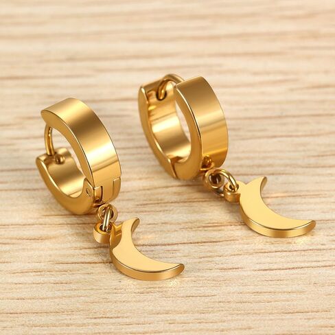 Flongo Men's Womens Punk 6PCS Stainless Steel Moon Dangle Huggie Hoops Earrings in Kuwait
