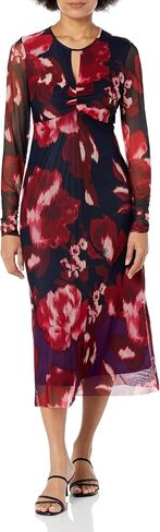 London Times Women's Keyhole Midi Abstract Watercolor Print Mesh Long Sleeve Dress in Saudi Arabia
