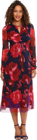 London Times Women's Keyhole Midi Abstract Watercolor Print Mesh Long Sleeve Dress in Saudi Arabia
