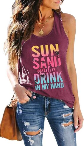 Sun Sand and A Drink in My Hand Tank Tops Beach Letter Graphic Hawaiian Vest Casual Summer Vacation Holiday Cami Shirt in Saudi Arabia