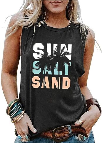 Sun Sand and A Drink in My Hand Tank Tops Beach Letter Graphic Hawaiian Vest Casual Summer Vacation Holiday Cami Shirt in Saudi Arabia