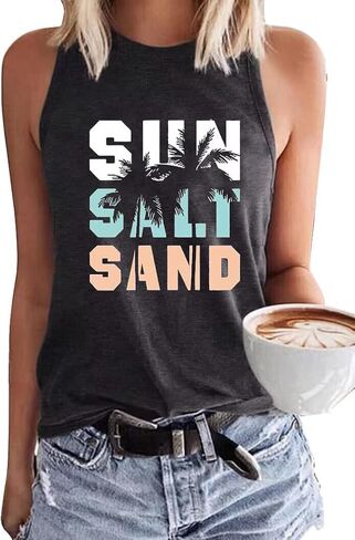 Sun Sand and A Drink in My Hand Tank Tops Beach Letter Graphic Hawaiian Vest Casual Summer Vacation Holiday Cami Shirt in Saudi Arabia