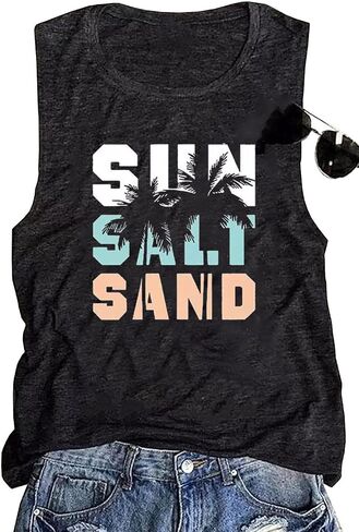 Sun Sand and A Drink in My Hand Tank Tops Beach Letter Graphic Hawaiian Vest Casual Summer Vacation Holiday Cami Shirt in Saudi Arabia