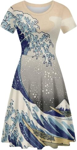 GLUDEAR Women's Summer Casual Van Gogh 3D Print Short Sleeve T-Shirt Swing Dress in Saudi Arabia