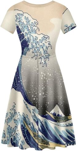 GLUDEAR Women's Summer Casual Van Gogh 3D Print Short Sleeve T-Shirt Swing Dress in Saudi Arabia