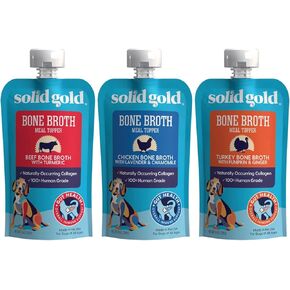 Solid Gold Human Grade Bone Broth Dog Food Meal Toppers 3 Flavor Sampler Bundle, 1 Each: Beef, Chicken, Turkey (8 Ounces)