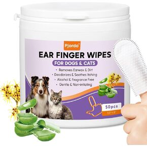 Dog Ear Cleaner Finger Wipes, Ear Finger Wipes for Dogs & Cats, Gently Remove Ear Wax, Debris, Sooths & Deodorizes, Relieve Ear Itching, Pet Ear Wipes with Aloe Vera & Witch Hazel - 50 Count