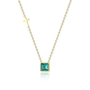 Small Green Gem Necklace Cubic Zirconia, Square Emerald Dark Green Crystal Diamond Jewelry Pendant In 18K Gold Plated Chain Necklace, Minimalist May Created Birthstone Gift Gemstone for Women Mom