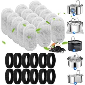 Pet Cat Water Fountain Filters - for Stainless Steel 108oz/3.2L 67oz/2L Adjustable Water Flow,Pet Water Dispenser Fountain Replacement Filter with 12 Filters &12 Sponges Pet Fountain Filter
