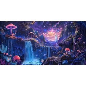 48" X 20" Galaxy Space Planet Aquarium Background, Waterfall Landscape Tapestry Fantasy Mountain Wave Wall Tapestry Mysterious Neon Plants Fish Tank with 10 EVA Double-Sided Tape
