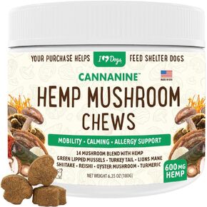 iHeartDogs Hemp Mushroom Chews for Dogs - Mobility, Calming, Allergy & Immune Support - 14 Mushroom Blend with Turkey Tail, Lion’s Mane, Shiitake & Green Lipped Mussels - 60 Count / 600mg Hemp