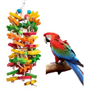 Parrot Chewing Toy for Large and Small Parrots and Birds, Natural Wood Block Tearing Toy with Multicolored Maple Leaf Design, Beak Trimming Toy for African Grey Cockatoos and Amazon Parrots.