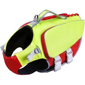 ThinkPet Dog Life Jacket Harness Life Jacket for Small Medium Large Dog Reflective Vest Jacket for Swimming High Buoyancy Adjustable Floating Vest with Rescue Handle Large Green Red Contrast