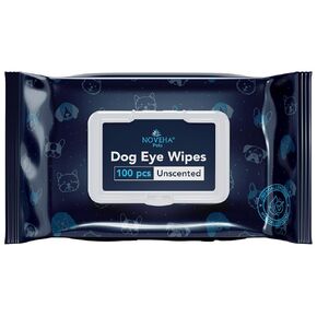 NOVEHA 100 Dog Eye Wipes - Plant-Based Eye Wipes for Dogs - Formulated to Remove Eye Debris, Tear Stains & Eye Discharge - Safe, Convenient, and Large Unscented Wipes - (100 Count)
