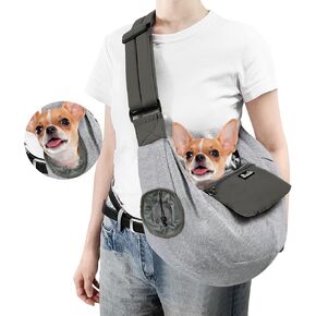 SlowTon Dog Carrier Sling - حامل جرو مع نافذة وجيب تخزين يناسب ما يصل إلى 8 أرطال، حبال للكلاب مع حزام كتف سميك قابل للتعديل ومقود أمان، حقيبة حامل للحيوانات الأليفة للكلاب الصغيرة والقطط (رمادي S)