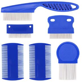 6 Pack Flea Lice Comb for Dogs Cats, Pet Tear Stain Remover Grooming Comb with Rounded Metal Teeth for Small, Medium & Large Pets, Blue