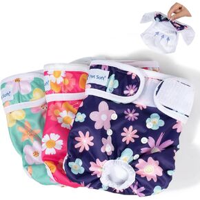Pet Soft Dog Diapers Female Washable - Pack of 3 Doggie Diapers for Female Dogs, Strong Absorbent Reusable Dog Period Diapers, Female Dog Diapers for Heat & Pet Incontinence Peeing (Bloom, XS)