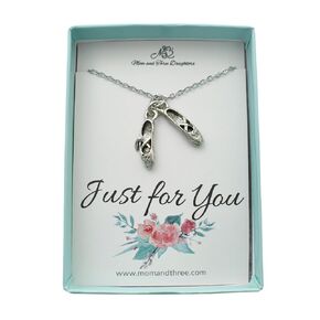Ballet Slippers Necklace in Antique Silver Pewter | 14 Inch Stainless Steel Cable Chain with Lobster Claw Clasp and Two Inch Extender | Dance Gift for Girls