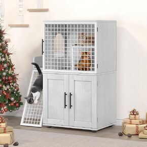 IDEALHOUSE Modern Villa Cat Litter Box Enclosure with Platform,Double Layer Cat Litter Hidden Furniture,Hidden Cat Washroom Furniture Indoor, Cat House with Ladder,33.5" L x 17.9" W x 41.9" H,Wax Wood