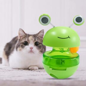 Cat Treat Puzzle, 2 in 1 Pet Slow Feeder Puzzle Ball, Frog Tumbler Cat Treat Toy, and Automatic Slow Feeder Ball for Cat and Kitten Training with Feather & Balls (Frog Eyes)
