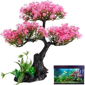 Didiseaon Aquarium Artificial Plants Decor, Pink Cherry Blossom Tree Grass Set Plastic for Fish Tank Accessories, Fish Tank Decorations, 24 X19 X11 CM