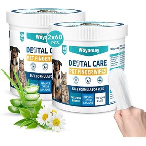 Teeth Cleaning Wipes for Dogs & Cats, Dental Wipes for Reducing Plaque & Tartar for Cats and Dogs, Disposable Gentle Breath Freshener Dental and Gum Care Finger Pet Wipes, 60 Counts