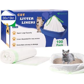 Cat Litter Box Liners Large - 100 Count Cat Litter Liners Jumbo Size 36'' x 19'' - Heavy Duty, Extra-Thick Kitty Litter Liners for Large Giant Litter Boxes - Drawstring Close