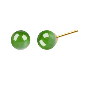 Jade Stud Earrings for Women Girls Handmade 18k Gold Post Earrings for Sensitive Ears Crystal Stud Earrings, 8mm Green Jade Earrings, Handmade Good Luck Stud Earrings Jewelry Gifts (8mm, Light Green)