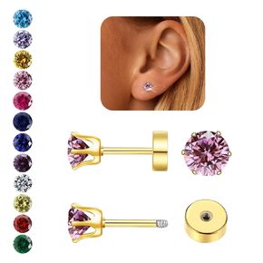 Hypoallergenic Birthstone Stud Earrings for Women Brilliant Cut Round Cubic Zirconia Flat Back Earrings Surgical Steel Cartilage Earrings for Sensitive Ears (Silver, Sep Sapphire)
