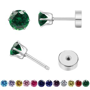 Hypoallergenic Birthstone Stud Earrings for Women Brilliant Cut Round Cubic Zirconia Flat Back Earrings Surgical Steel Cartilage Earrings for Sensitive Ears (Silver, Sep Sapphire)