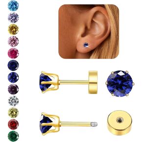 Hypoallergenic Birthstone Stud Earrings for Women Brilliant Cut Round Cubic Zirconia Flat Back Earrings Surgical Steel Cartilage Earrings for Sensitive Ears (Silver, Sep Sapphire) in Kuwait