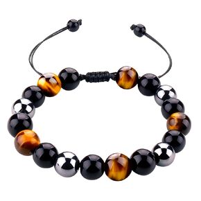 10MM Healing Crystal Beads Handmade Mens Bracelet Triple Protection Bracelet for Men Women with Tiger Eye Black Obsidian and Hematite (Blue Tiger Eye)