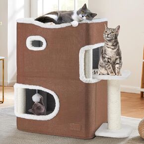 YITAHOME 2-Tier Cat House, Indoor Cat Cave Bed Playhouse, Cat Tunnels with Scratch Pad and Hideaway Cube, Cute Modern Cat Condo Furniture for Multi Small Cats, Extended (Brown)